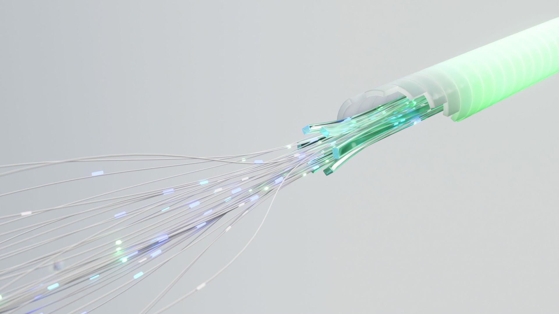 Glowing fiber optic cable transmits data in pulses of light, symbolizing digital flow. It hints at high-speed internet and connectivity